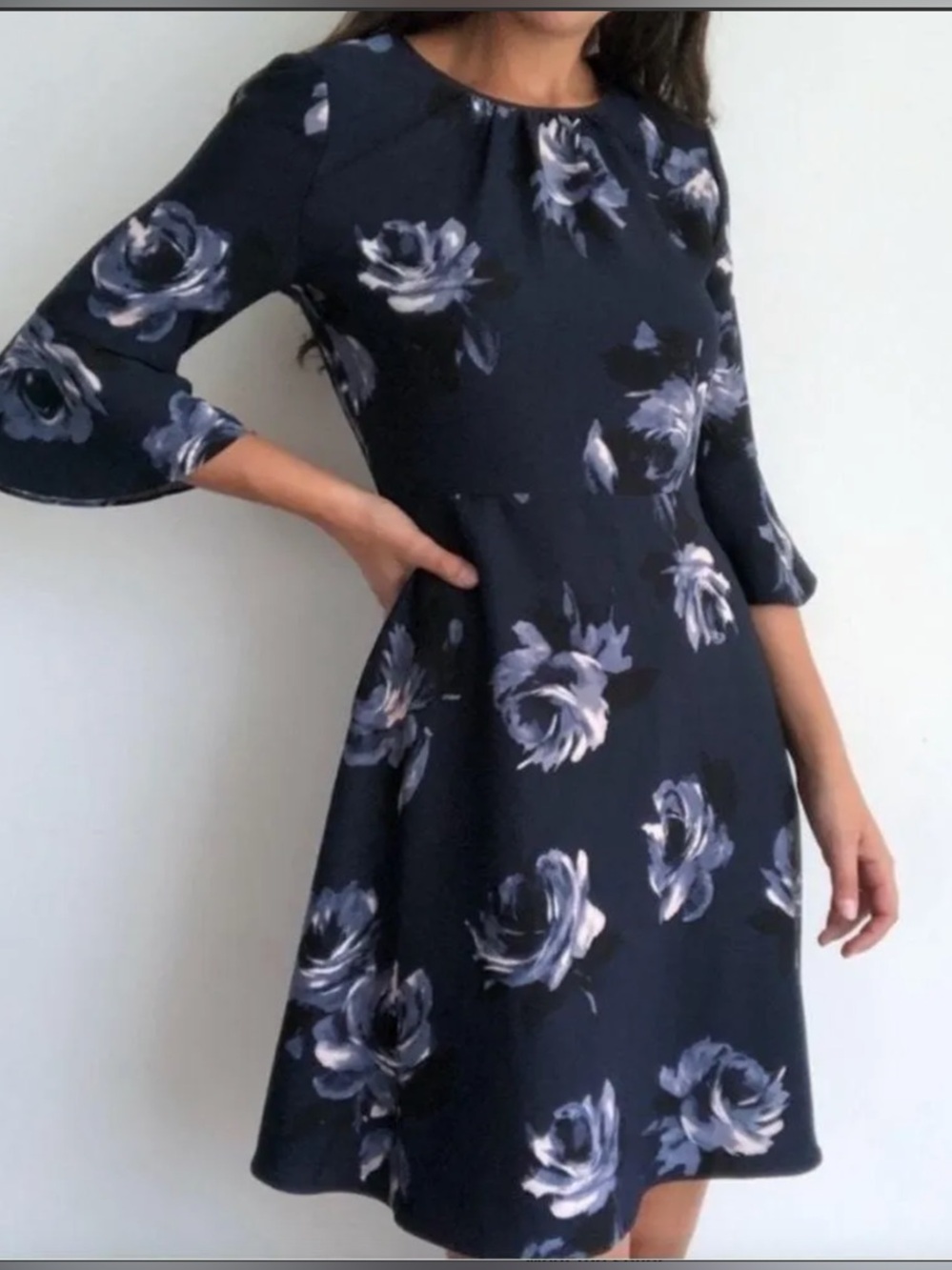 Kate Spade Night Rose Crepe Bell Sleeve Dress